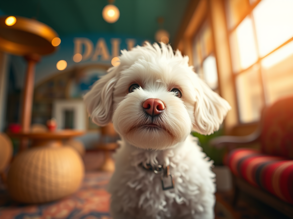 Close-up of a miniature white poodle mix sitting in a lounge with the name Dallas on a distant wall