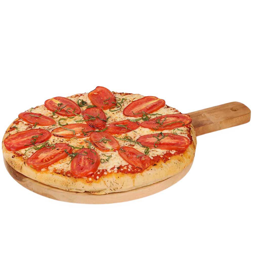 Cooked pizza topped with Roma tomato slices on a wooden paddle